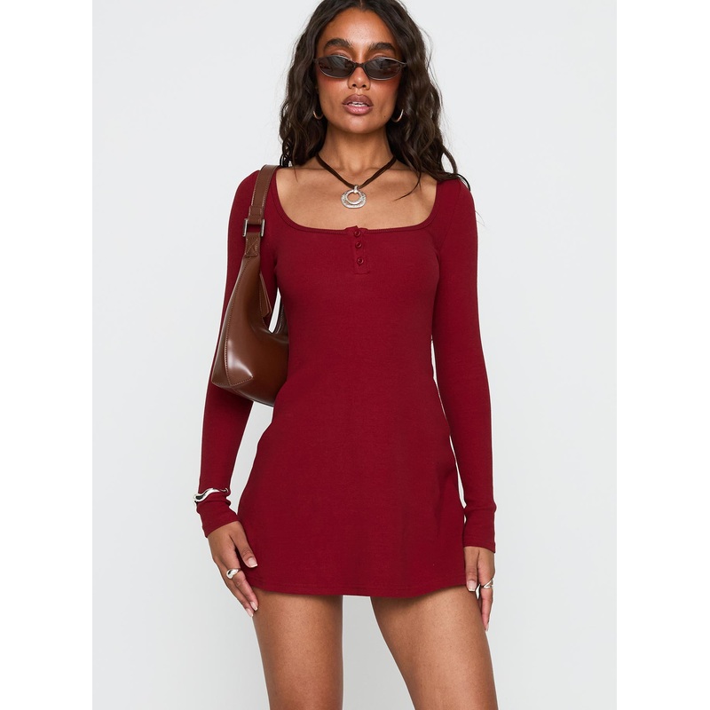 Baseline Long Sleeve Rib Mini Dress Red