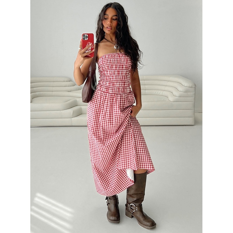Human Nature Strapless Maxi Dress Red Check