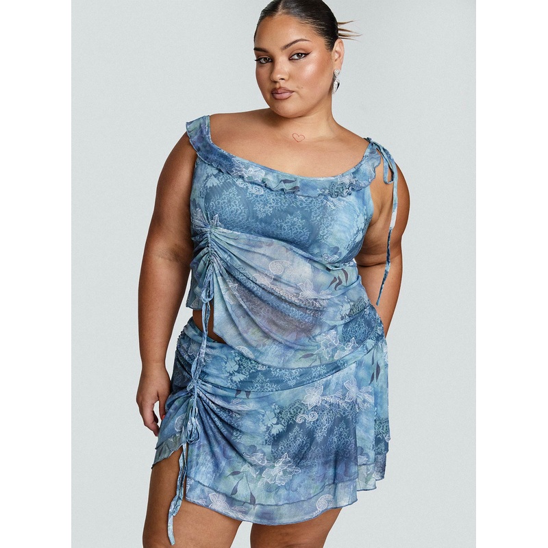 Rosee Off Shoulder Frill Top Blue Mutli Curve
