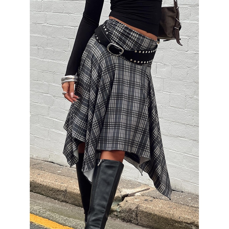 Scholar Asymmetrical Midi Skirt Grey Check