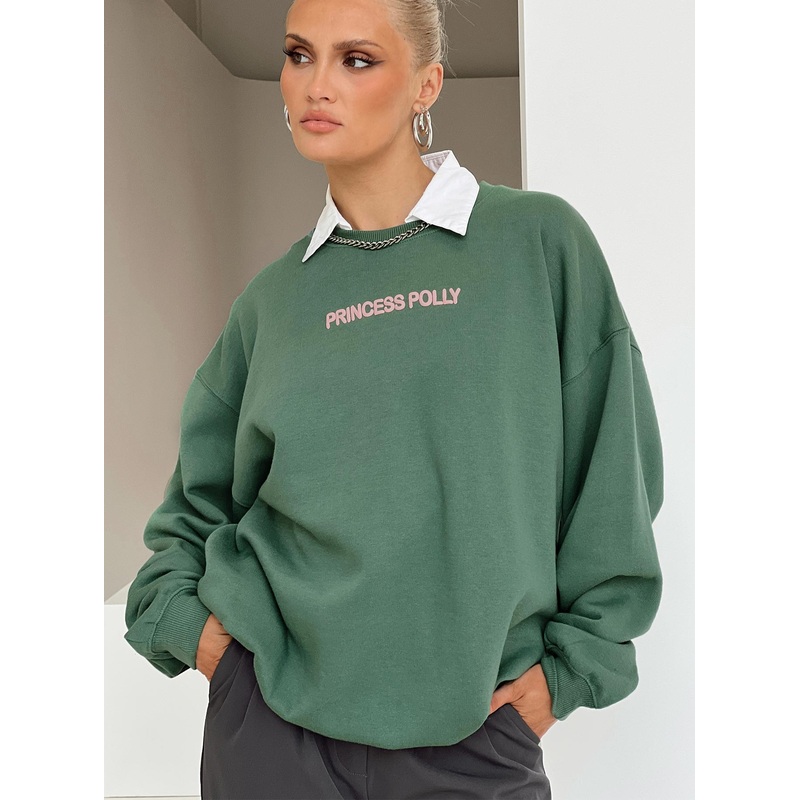 Princess Polly Crew Neck Sweatshirt Bubble Text Sage / Pink