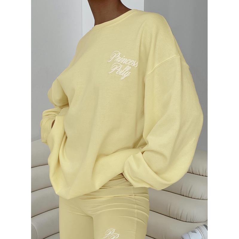 Princess Polly Crew Neck Sweatshirt Cursive Text Lemon / Eggshell