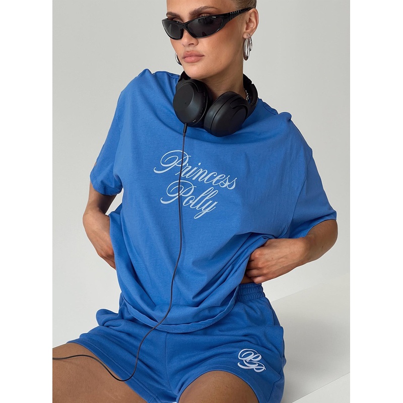 Princess Polly Cursive Oversized Tee Blue / White