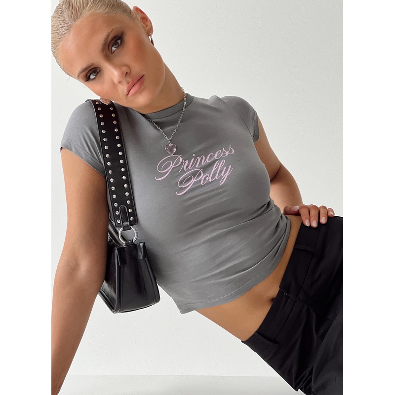Princess Polly Cursive Tee Grey / Pink