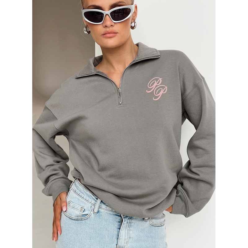 Princess Polly Quarter Zip Sweatshirt Cursive Text Charcoal / Light Pink