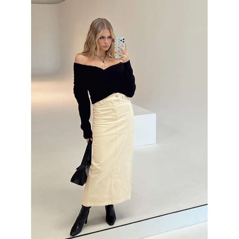 Markanna Denim Midi Skirt Cream