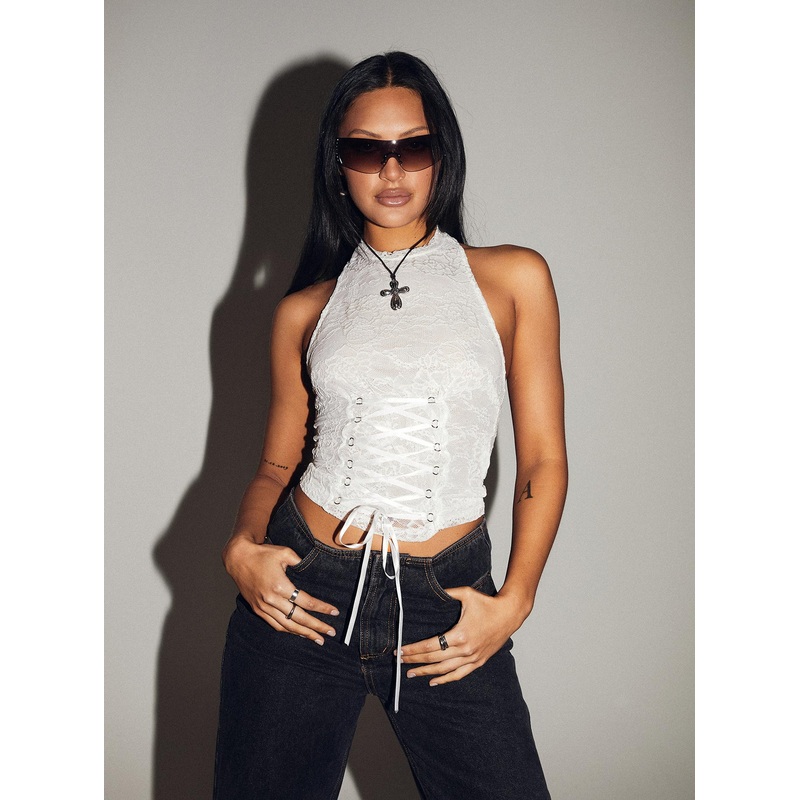Gratten Lace High Neck Top White