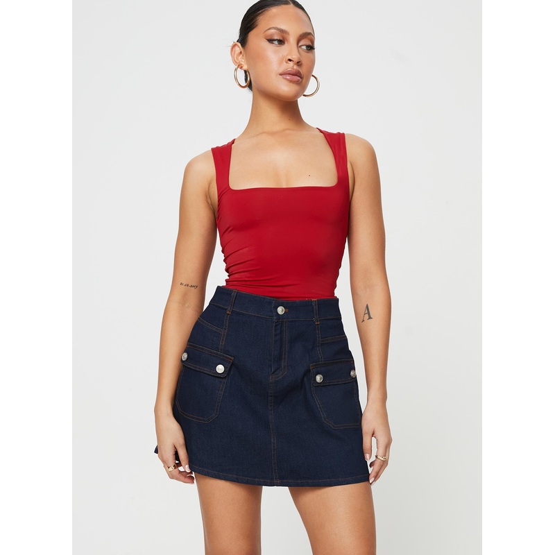 Mirrow Denim Mini Skirt Dark Wash