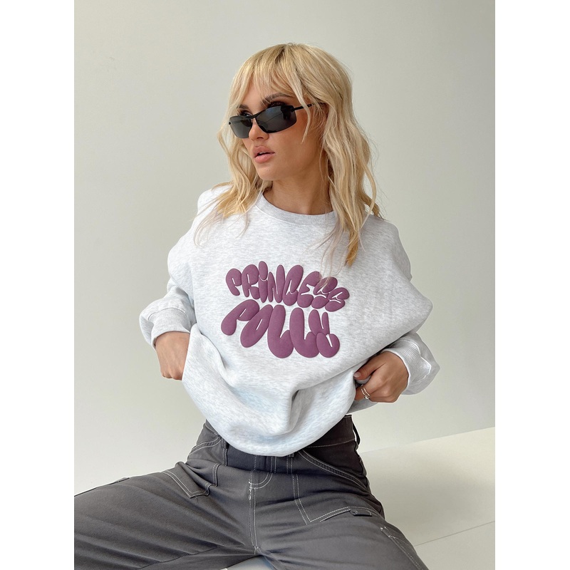 Princess Polly Crew Neck Sweatshirt Bubble Text Grey Marle / Burgundy
