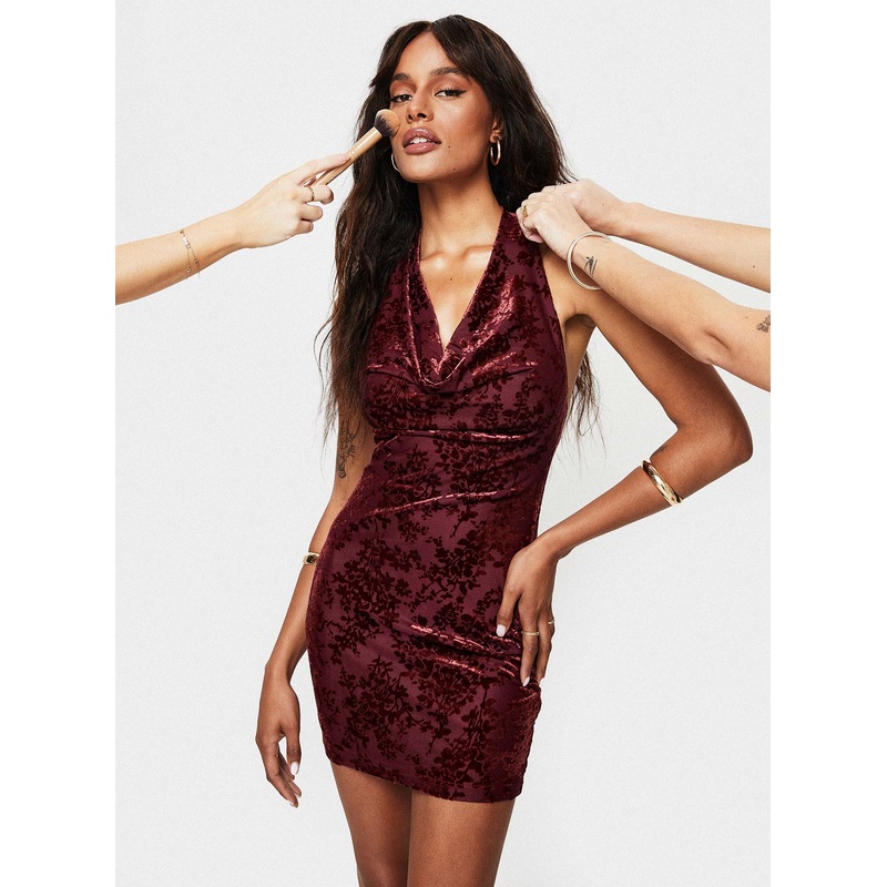 Carlso Halter Mini Dress Burgundy