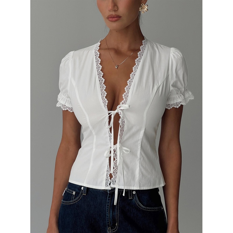 Abundance Tie Up Lace Trim Top White