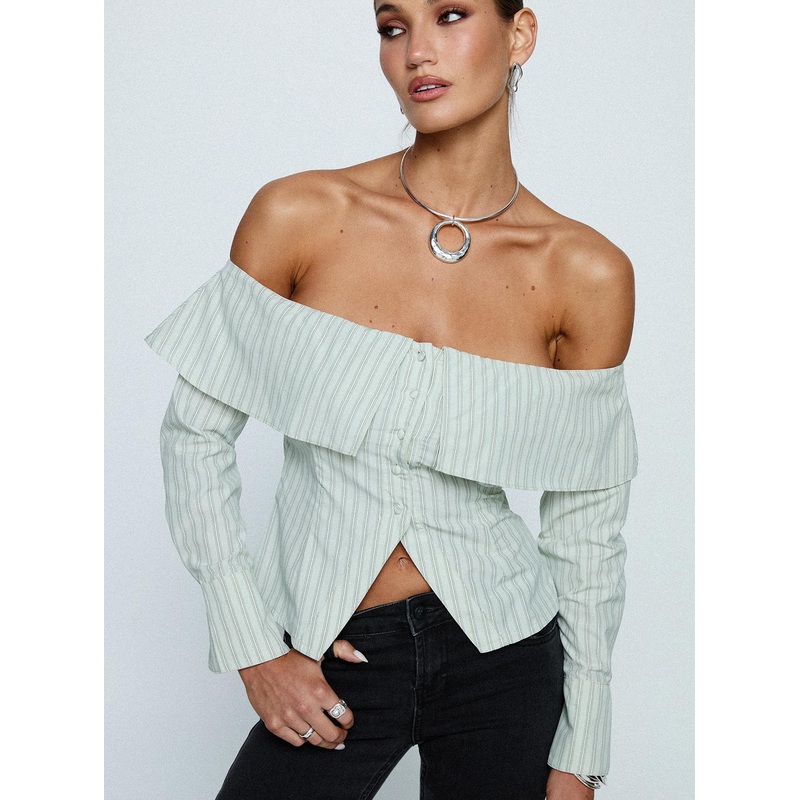 Another Hill Off Shoulder Top Green Stripe
