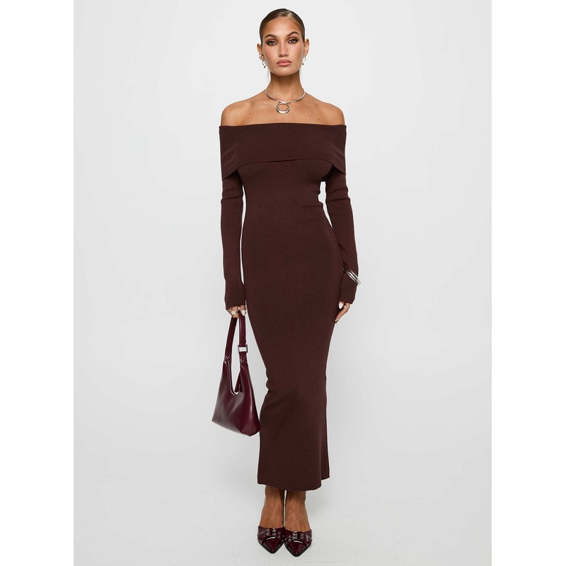 Celestara Off The Shoulder Maxi Dress Chocolate