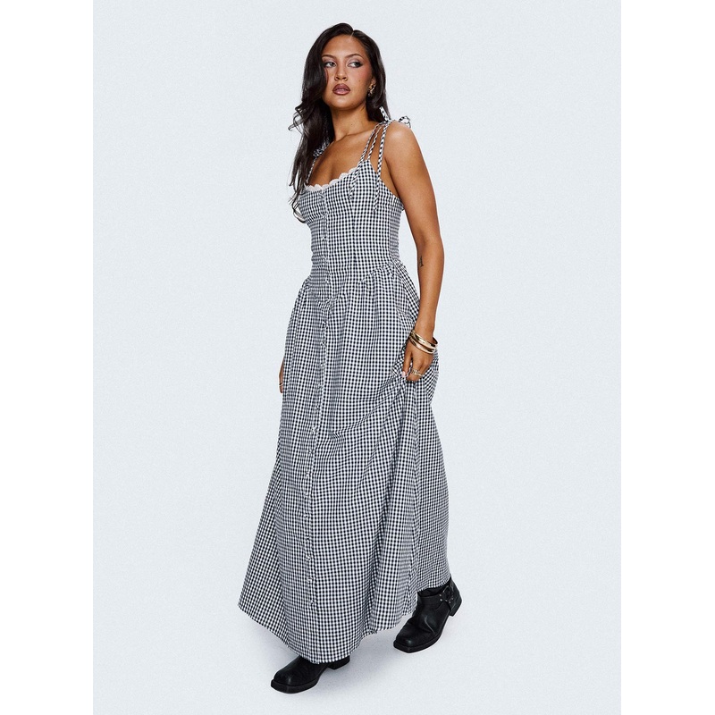 Dalanie Tie Strap Maxi Dress Navy Gingham