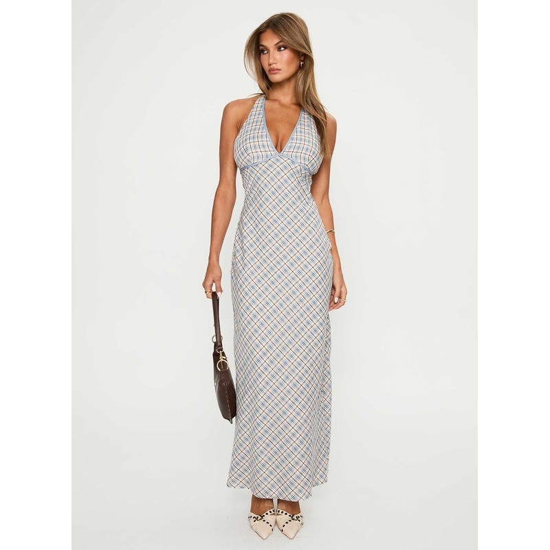 Evienna Halter Maxi Dress Blue Check