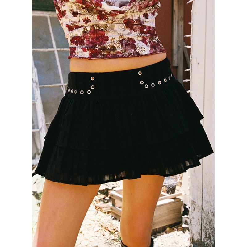 Fire Sign Studded Tiered Mini Skirt Black