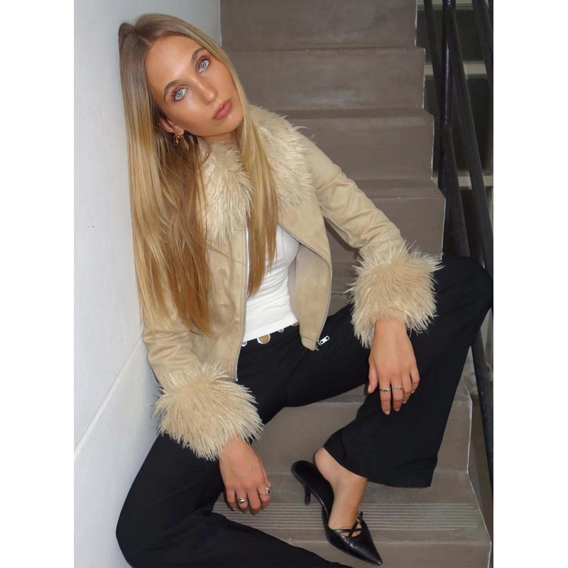 Jeanna Suede Faux Fur Detail Jacket Beige