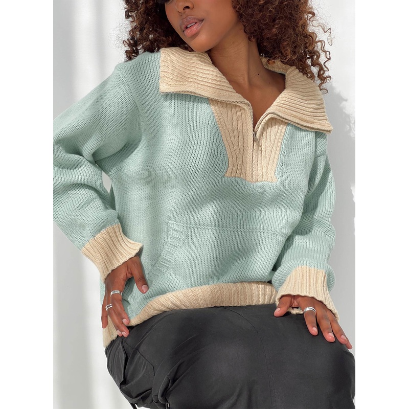 Leelie Quarter Zip Sweater Mint / Beige
