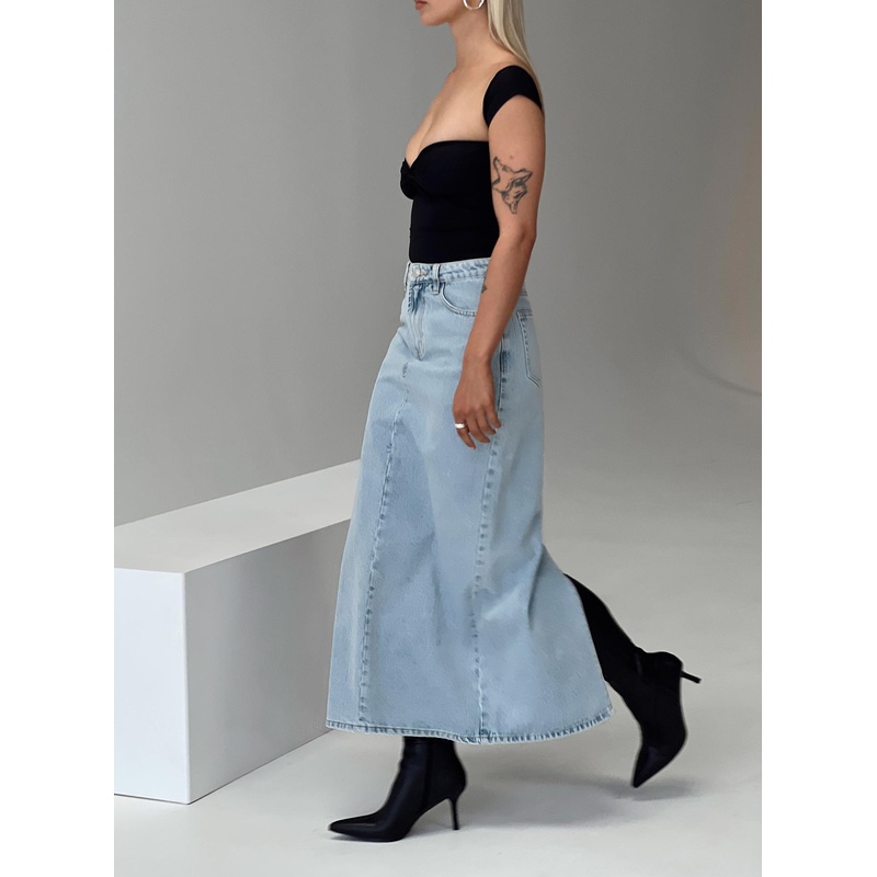 Whessler Split Back Denim Midi Skirt Light Wash