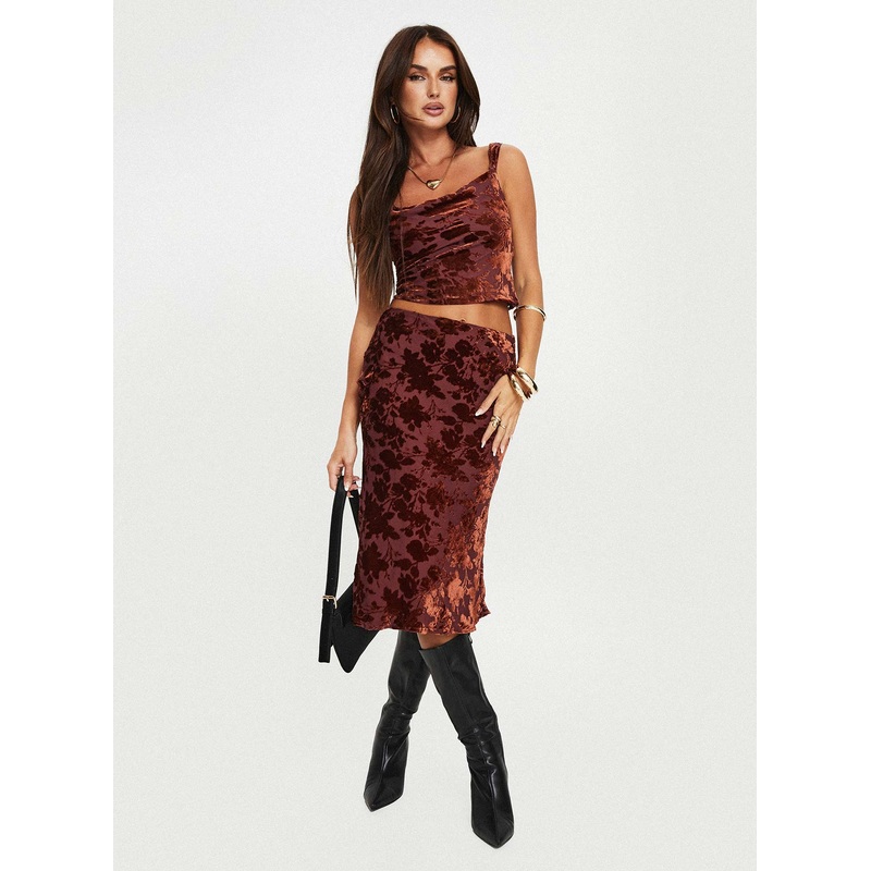 Devore Midi Skirt Burgundy