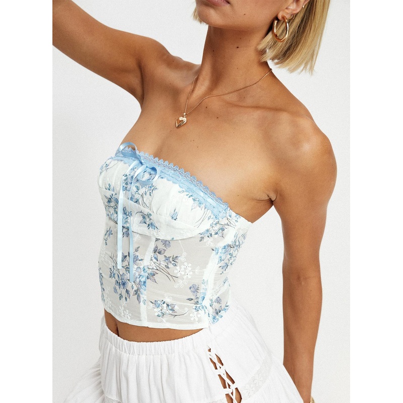 Caitie Strapless Top Blue Floral