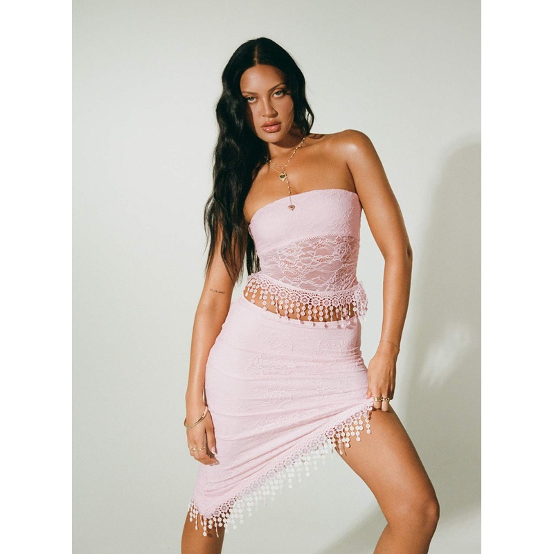 Ziena Lace Asymmetrical Midi Skirt Pink