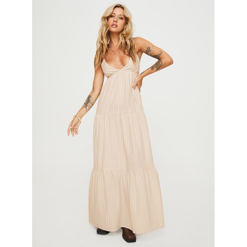 Leder Maxi Dress Beige Stripe