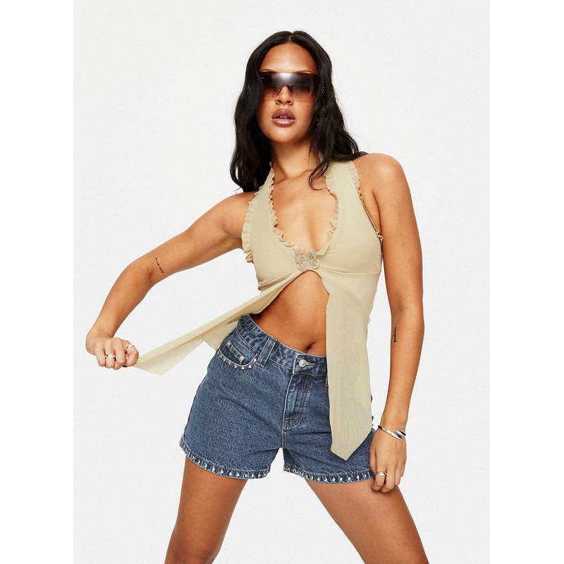 Cassianer Studded Denim Shorts Mid Wash