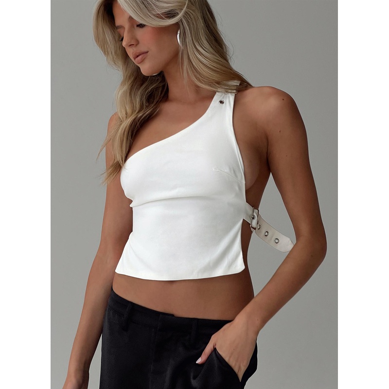 Buckled Down One Shoulder Top White