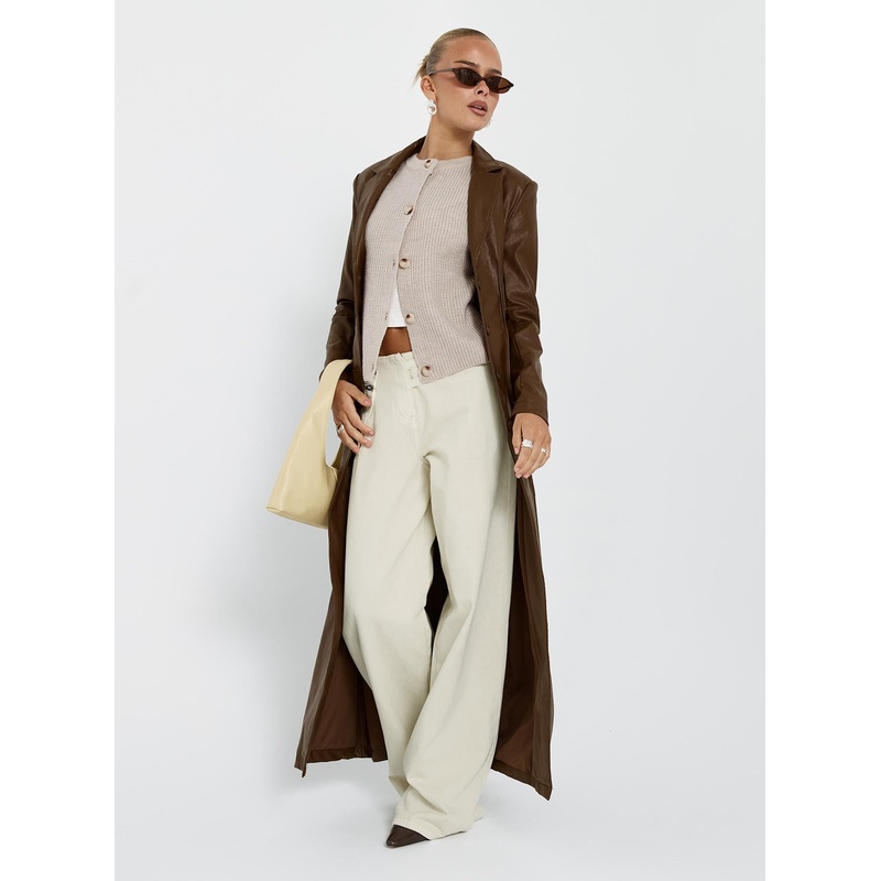 Speak Easy Long Line Faux Leather Coat Brown