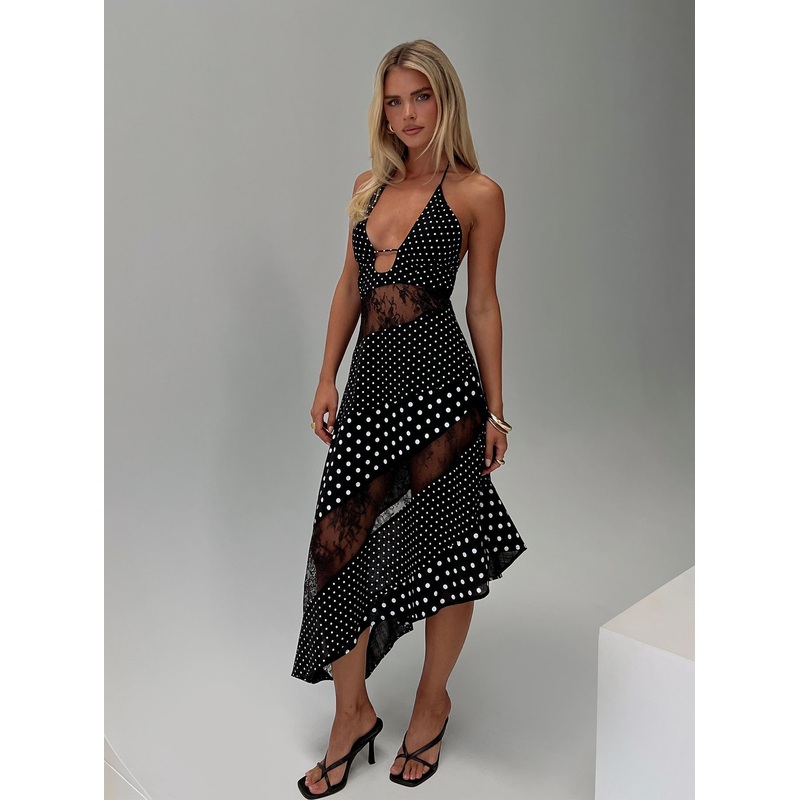 Down With Love Asymmetrical Midi Dress Black / White Polka