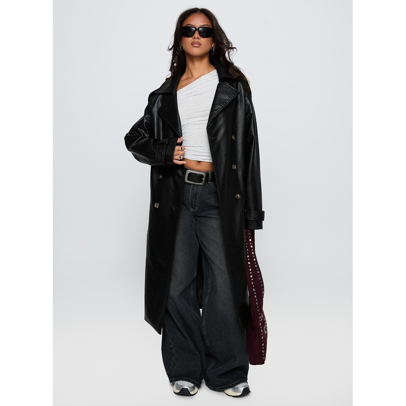 For The Fame Faux Leather Trench Coat Black