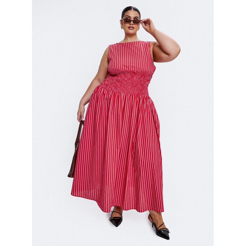 Lilienne Cotton Poplin Maxi Dress Red Stripe Curve