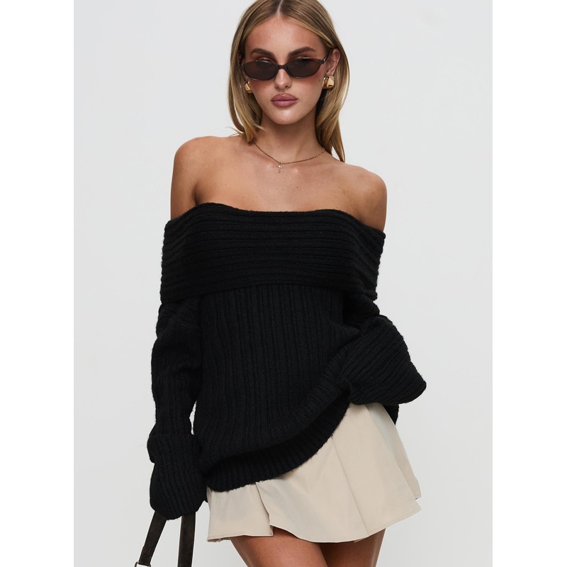 Snowie Off Shoulder Knit Sweater Black