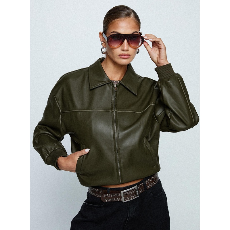 Uncover Faux Leather Bomber Jacket Dark Green