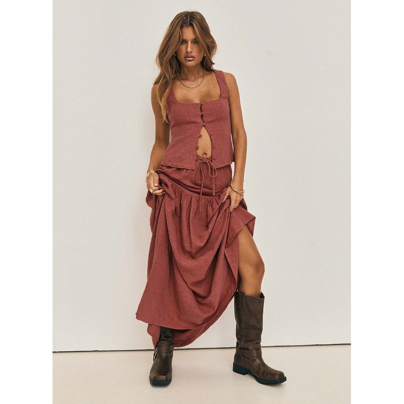 Tearose Linen Blend Maxi Skirt Burnt Rust