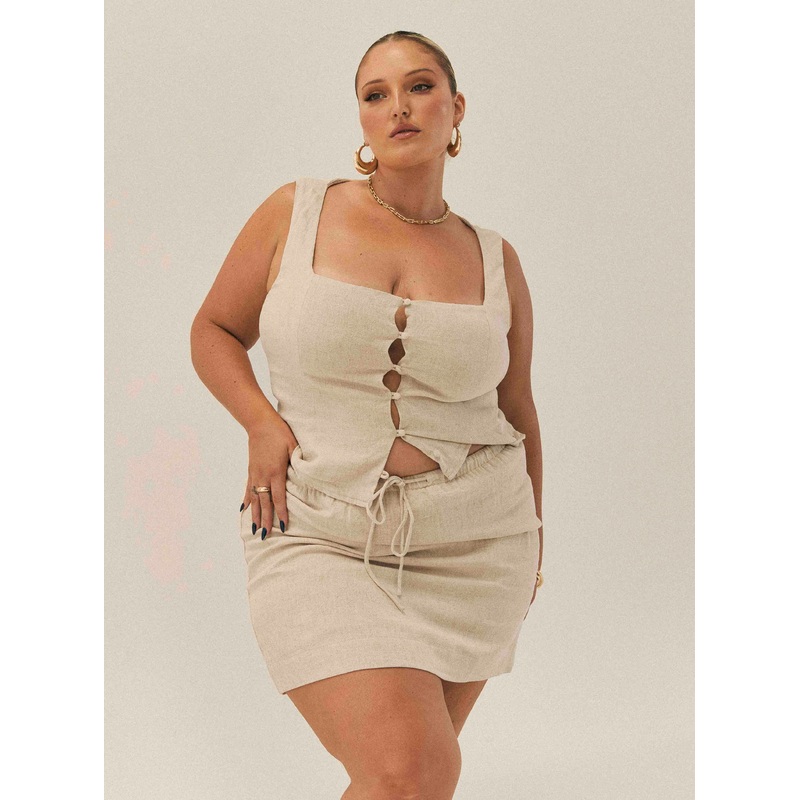 Evry Linen Blend Mini Skirt Beige Curve