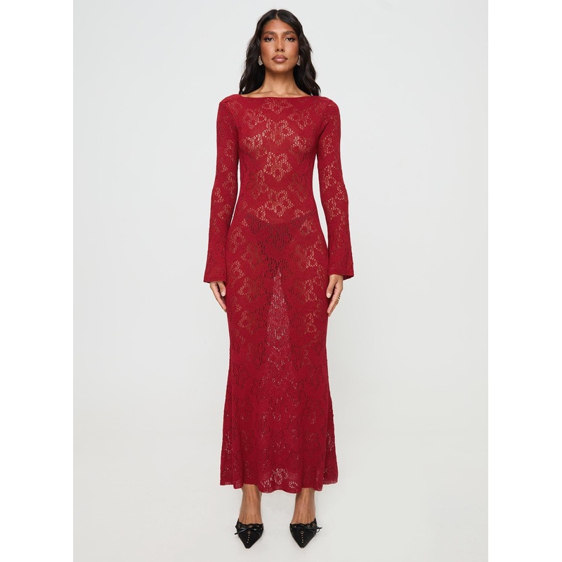 Pricely Long Sleeve Maxi Dress Red