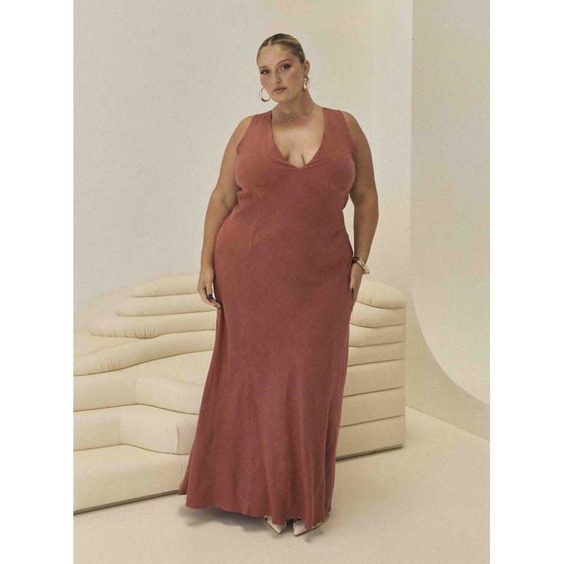 Verde Linen Blend Maxi Dress Burnt Rust Curve