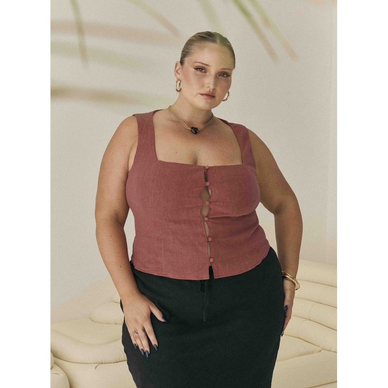 Zenda Linen Blend Top Burnt Rust Curve