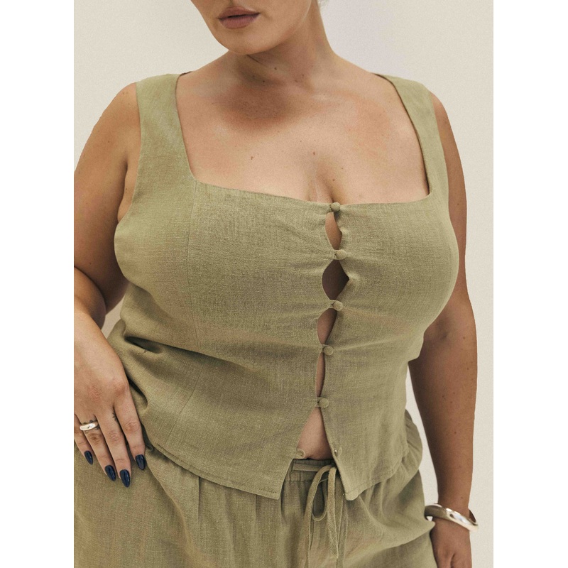 Zenda Linen Blend Top Olive Curve