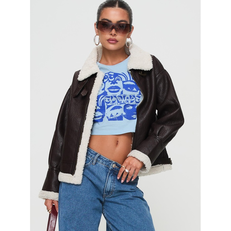 Zadar Faux Leather Shearling Jacket Chocolate