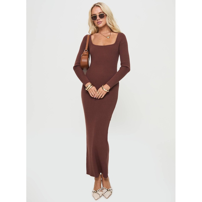 Bianchi Long Sleeve Maxi Dress Chocolate