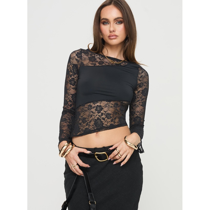Maddan Long Sleeve Lace Top Black