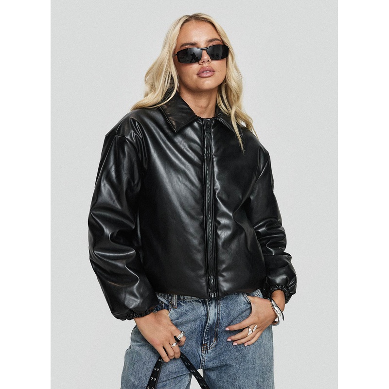Nantes Faux Leather Bomber Jacket Black