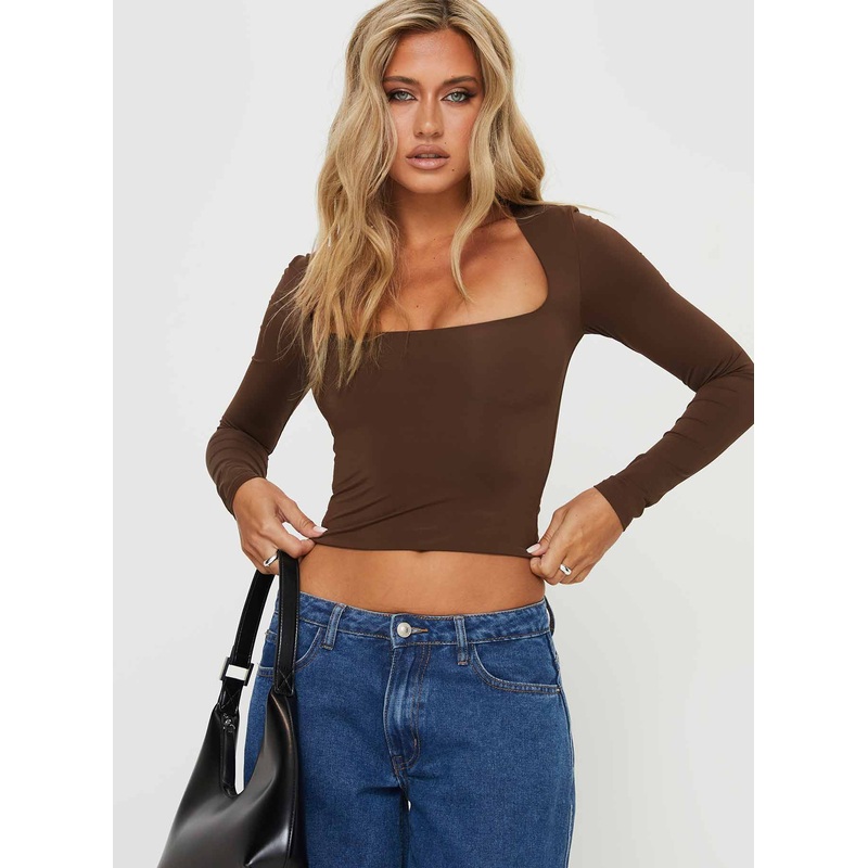 Back In Time Long Sleeve Top Brown