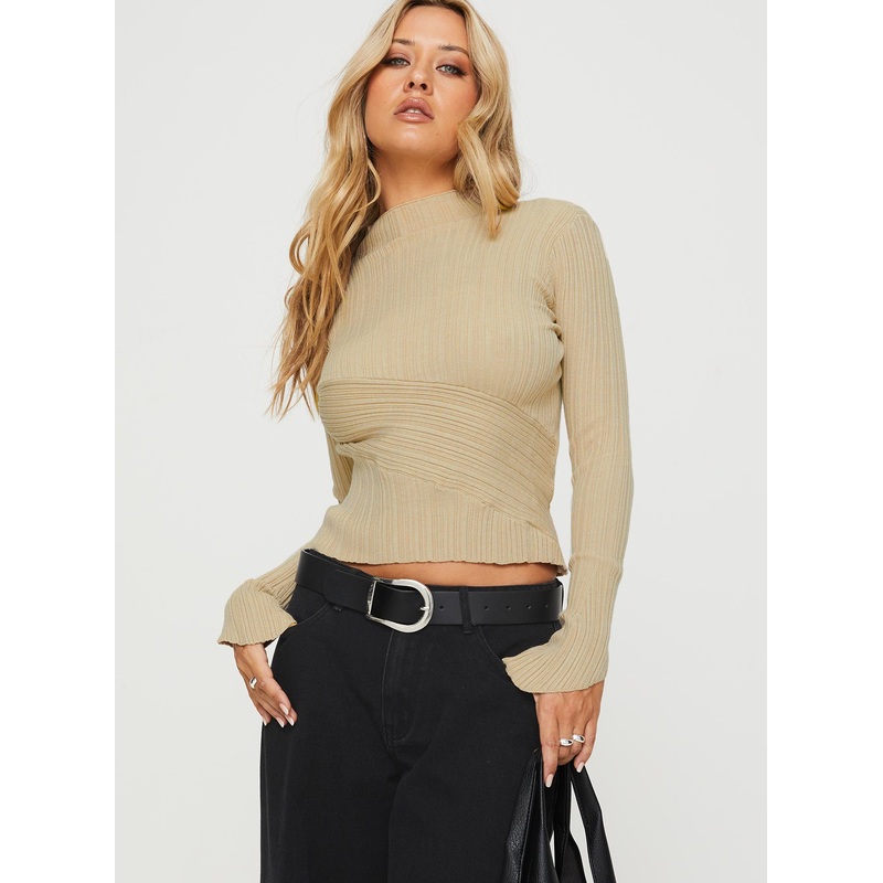 Lathan Long Sleeve Rib Top Beige