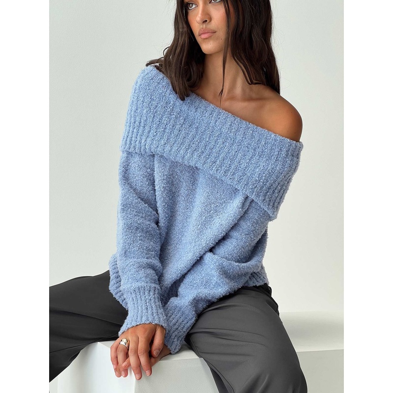 Parkley Boucle Off The Shoulder Sweater Blue