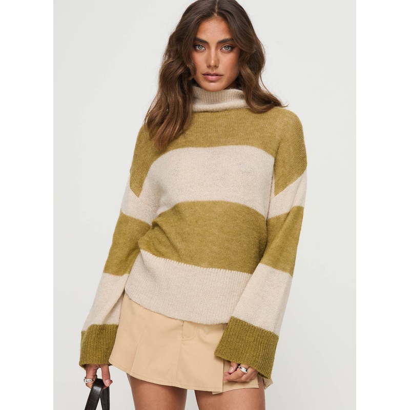 Sayuri Mock Neck Stripe Sweater Green/cream