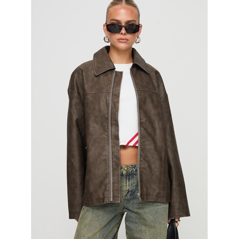 Faux Leather Collared Dad Jacket Washed Brown